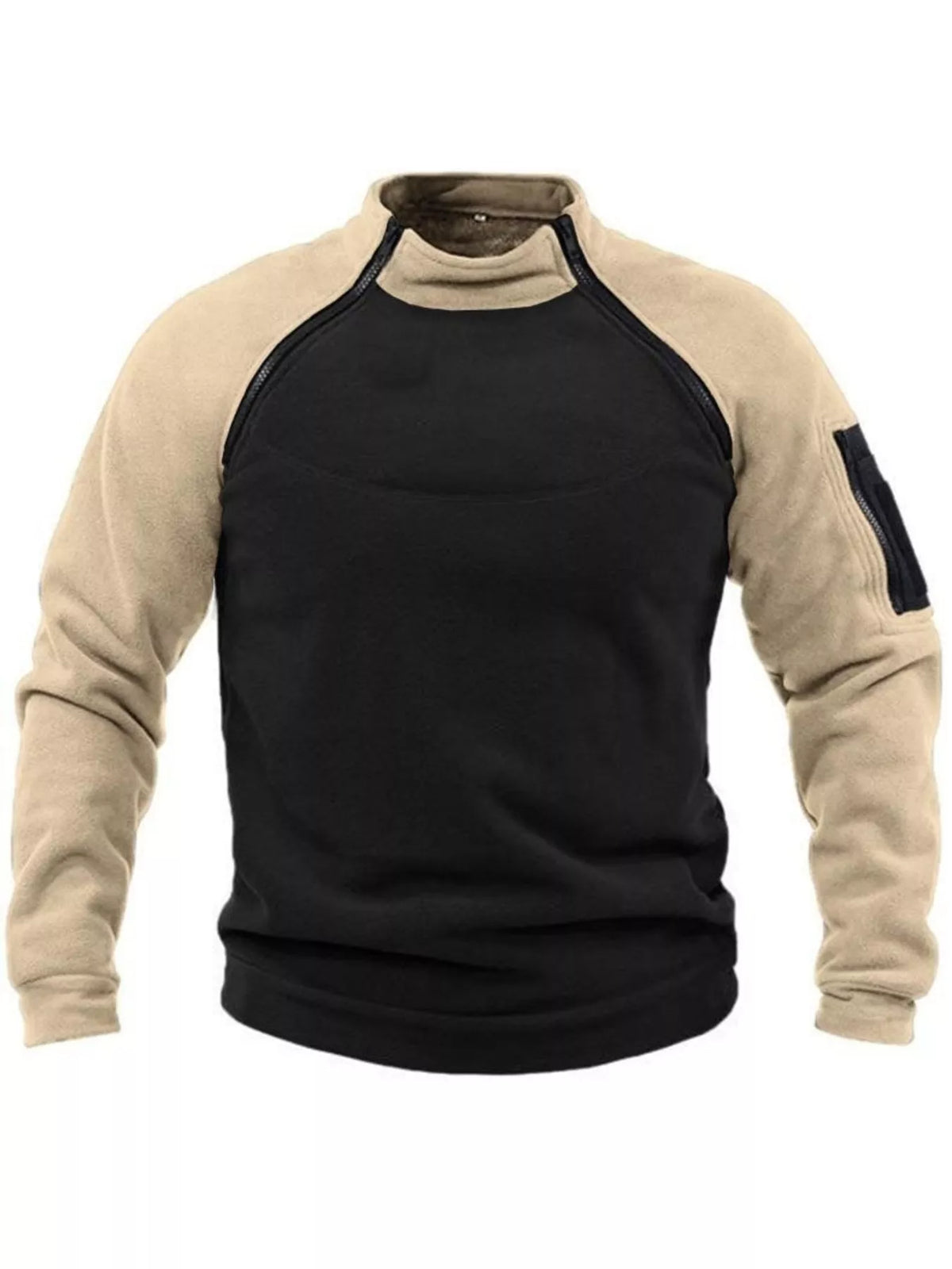 Colour-block fleece sweatshirt with beige shoulders and sleeves and a dark body.