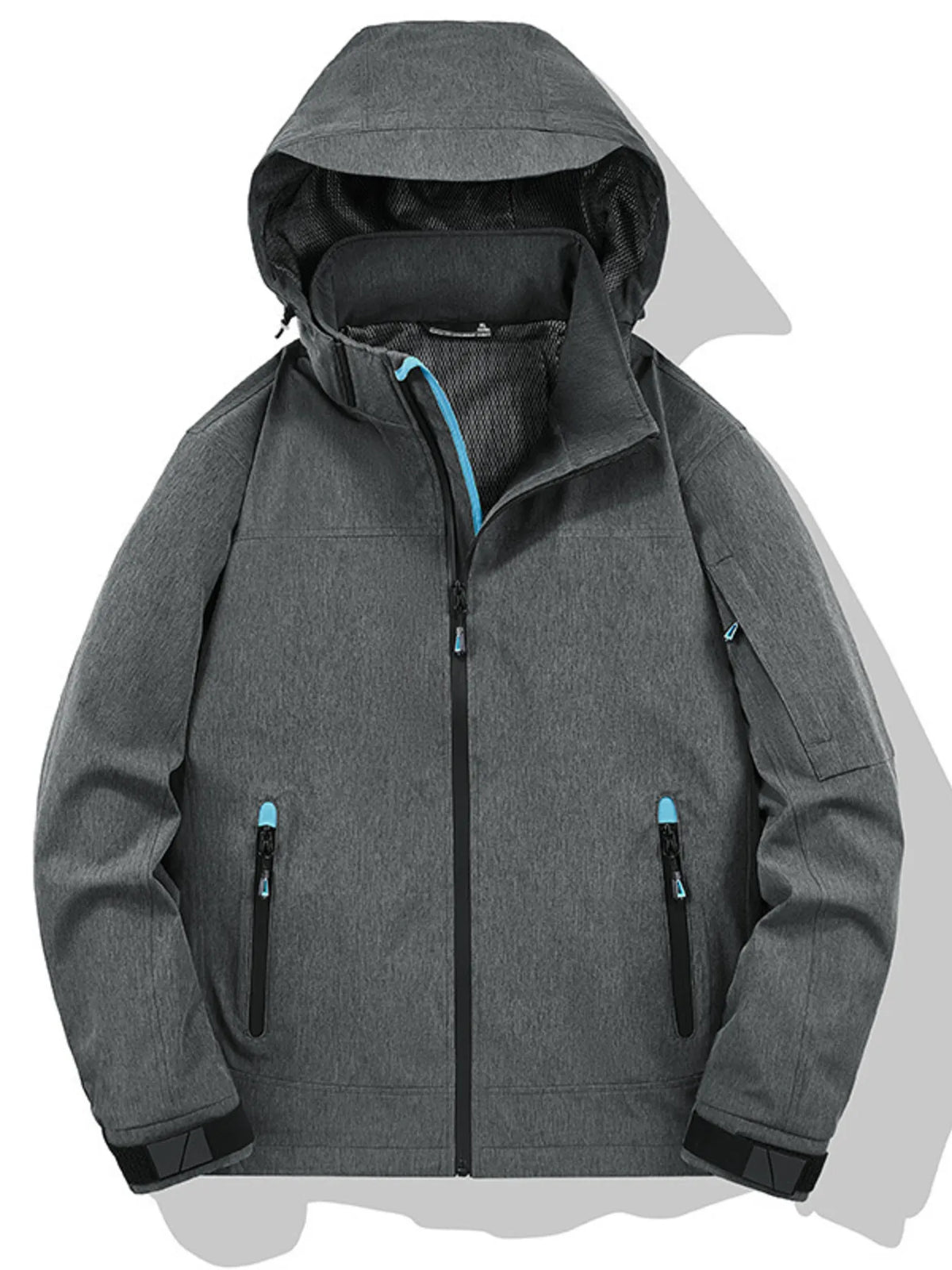 Front view of a dark gray hooded zip jacket with the hood raised, center zipper closed, and two zippered pockets.
