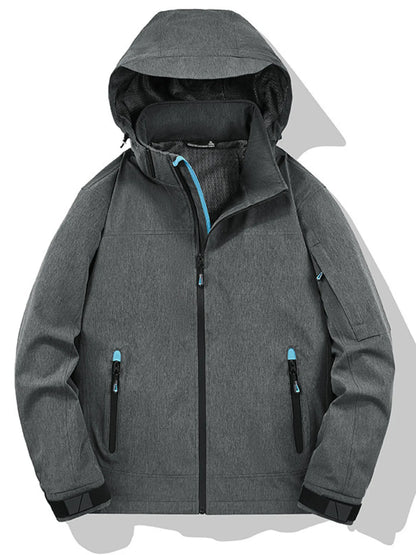 Front view of a dark gray hooded zip jacket with the hood raised, center zipper closed, and two zippered pockets.