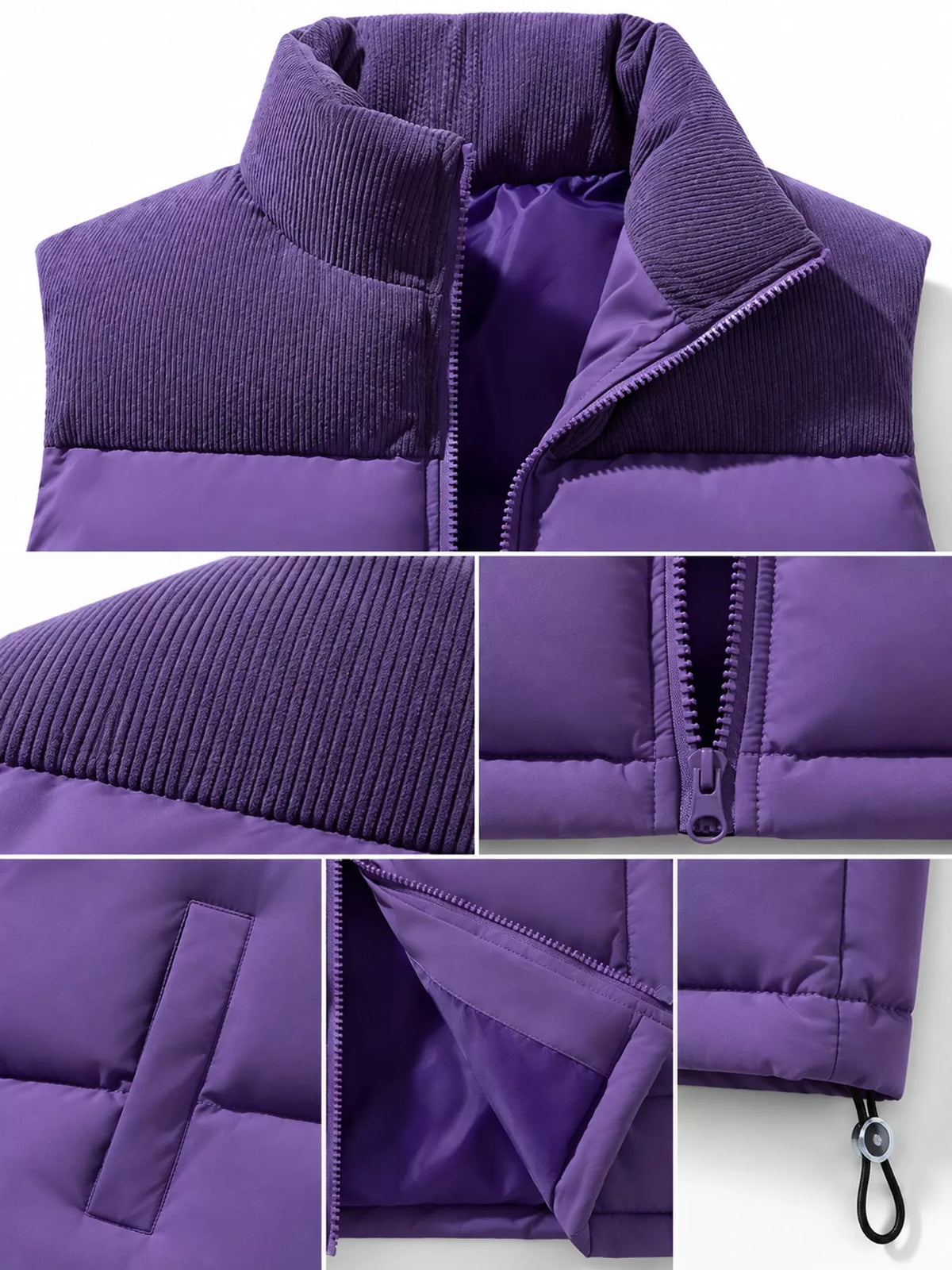 Purple men's corduroy-panel puffer vest, detail collage view. One vest is sold.