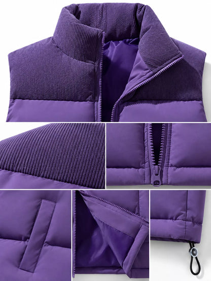 Purple men's corduroy-panel puffer vest, detail collage view. One vest is sold.