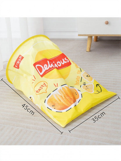 Yellow snack-package-print cat tunnel with 45 by 35 centimeter dimensions.