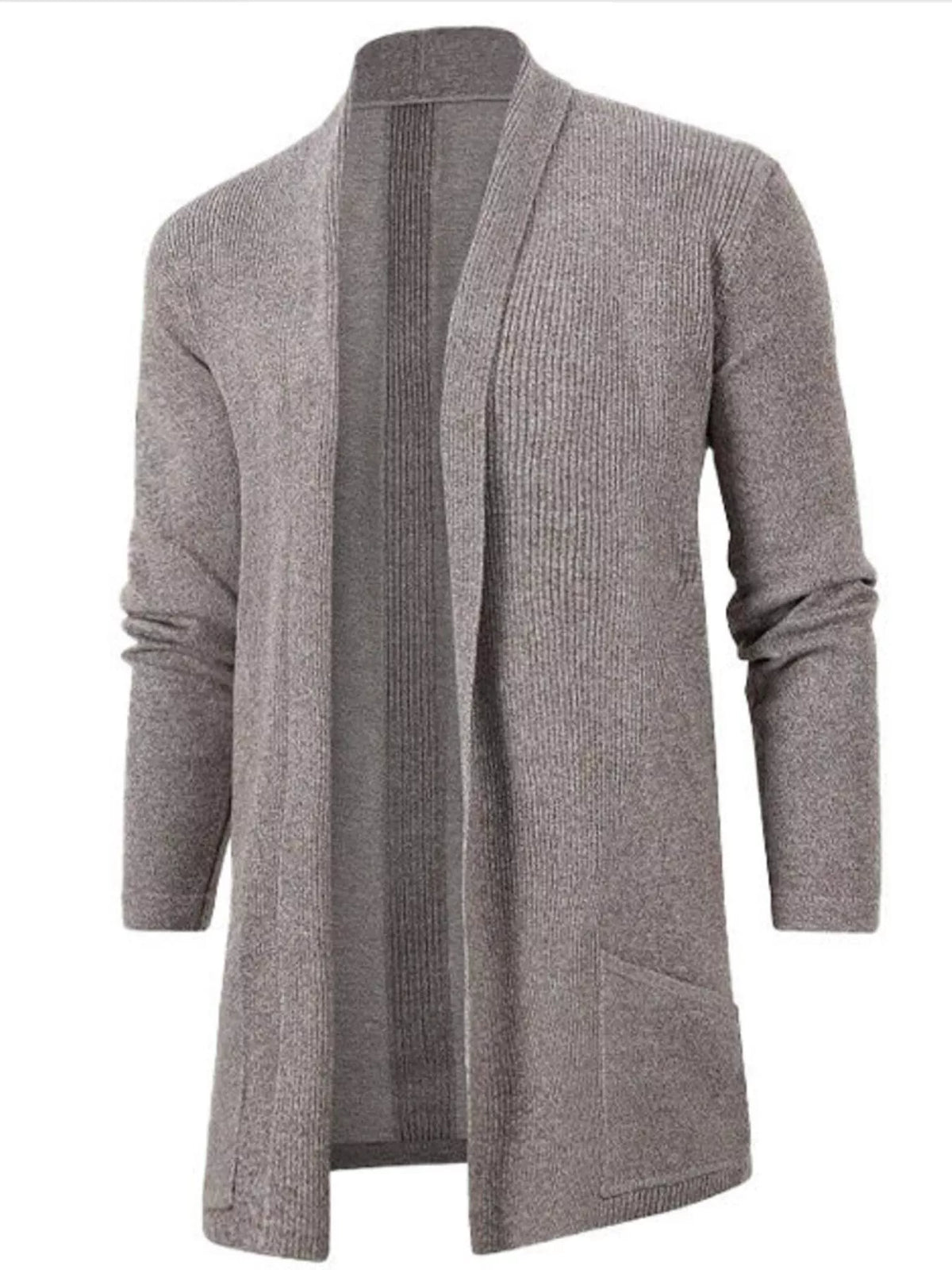 Men's longline ribbed open-front cardigan with long sleeves and front pockets — Khaki front view.