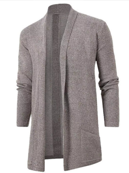 Men's longline ribbed open-front cardigan with long sleeves and front pockets — Khaki front view.