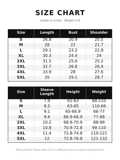 Supplier S–5XL size chart with garment measurements in inches; compare the measurements with a shirt that fits you.