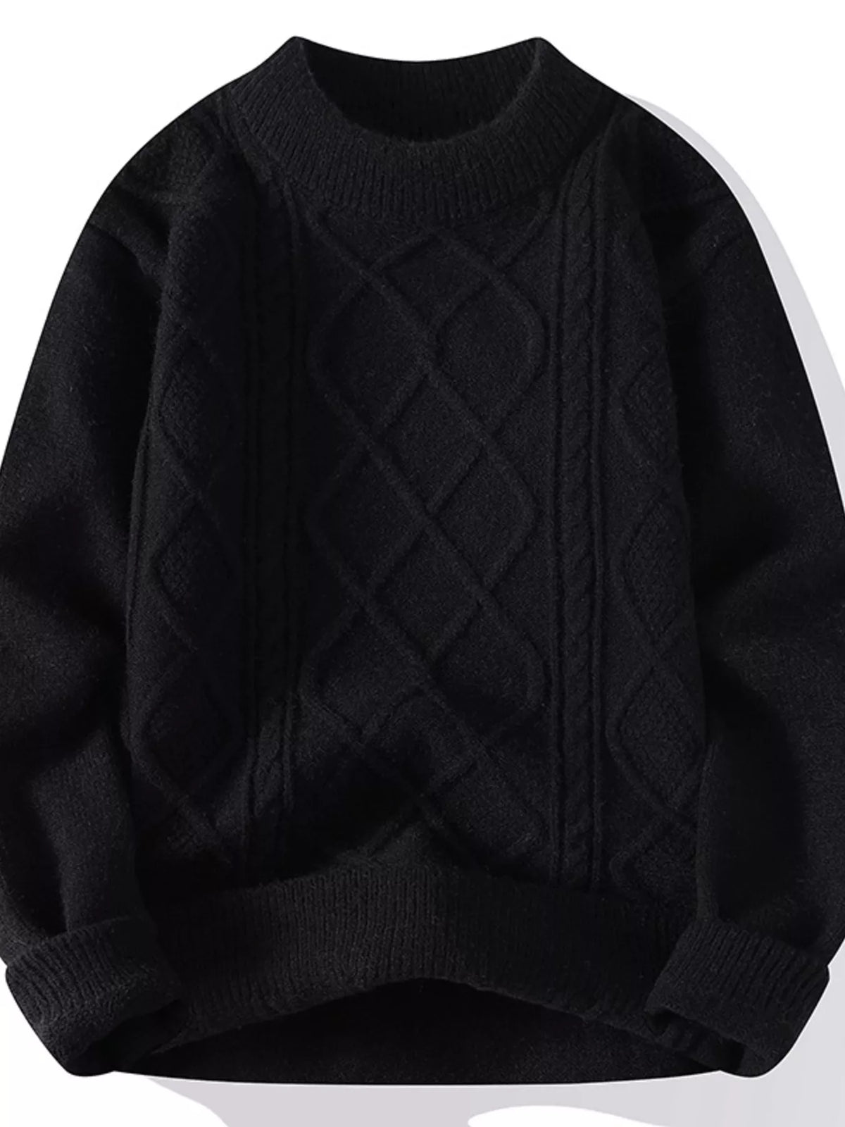 Black men's cable-knit crewneck sweater, front view, shown flat.