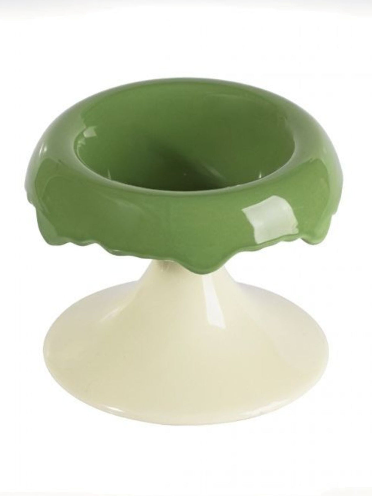 Green-and-white elevated ceramic pet bowl shown empty.