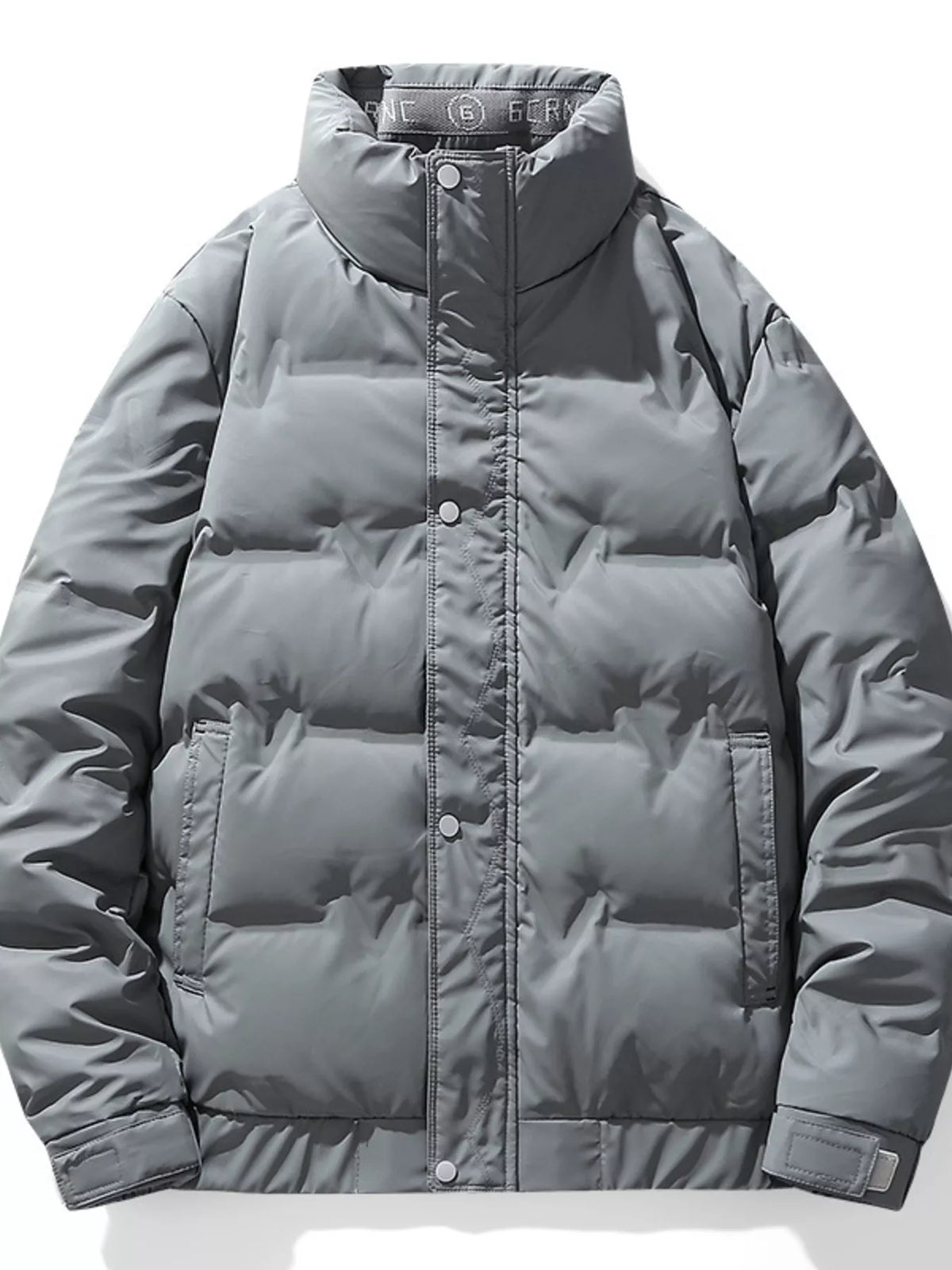 Gray men's puffer jacket, garment-only front view showing horizontal padded sections and side pockets.