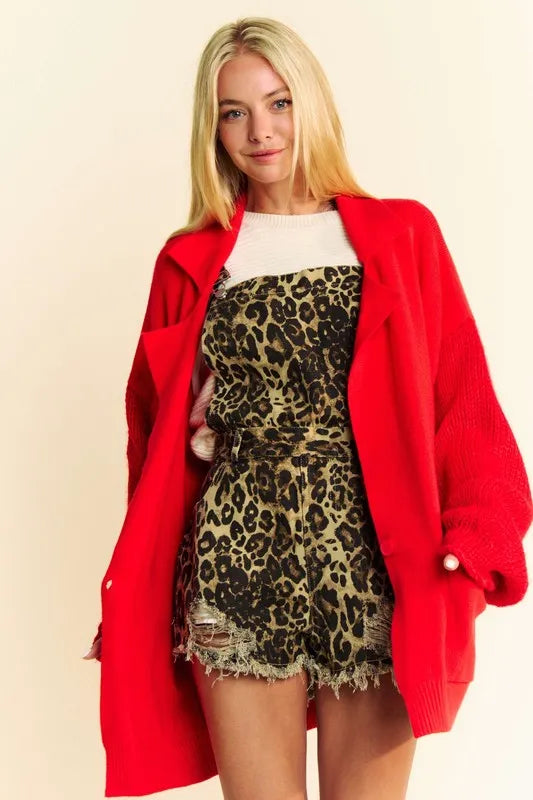 Red Davi & Dani long cardigan worn open, front view; styled underlayer and short overalls are not included
