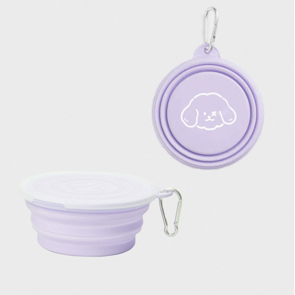 Purple single foldable pet travel bowl shown folded and expanded; two views illustrate one bowl per purchase.