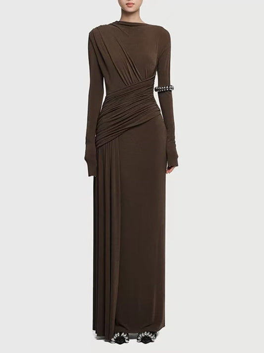 Coffee brown ruched long-sleeve maxi dress, front view