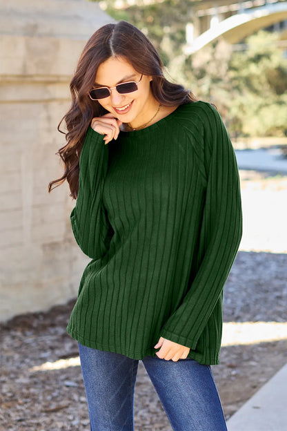 Basic Bae opaque ribbed long-sleeve knit top in Dark Green, front view