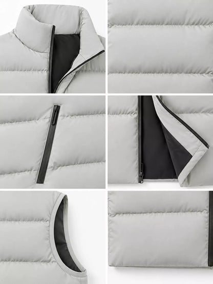 Apricot men's lightweight zip-up puffer vest — collar, zipper and quilting details