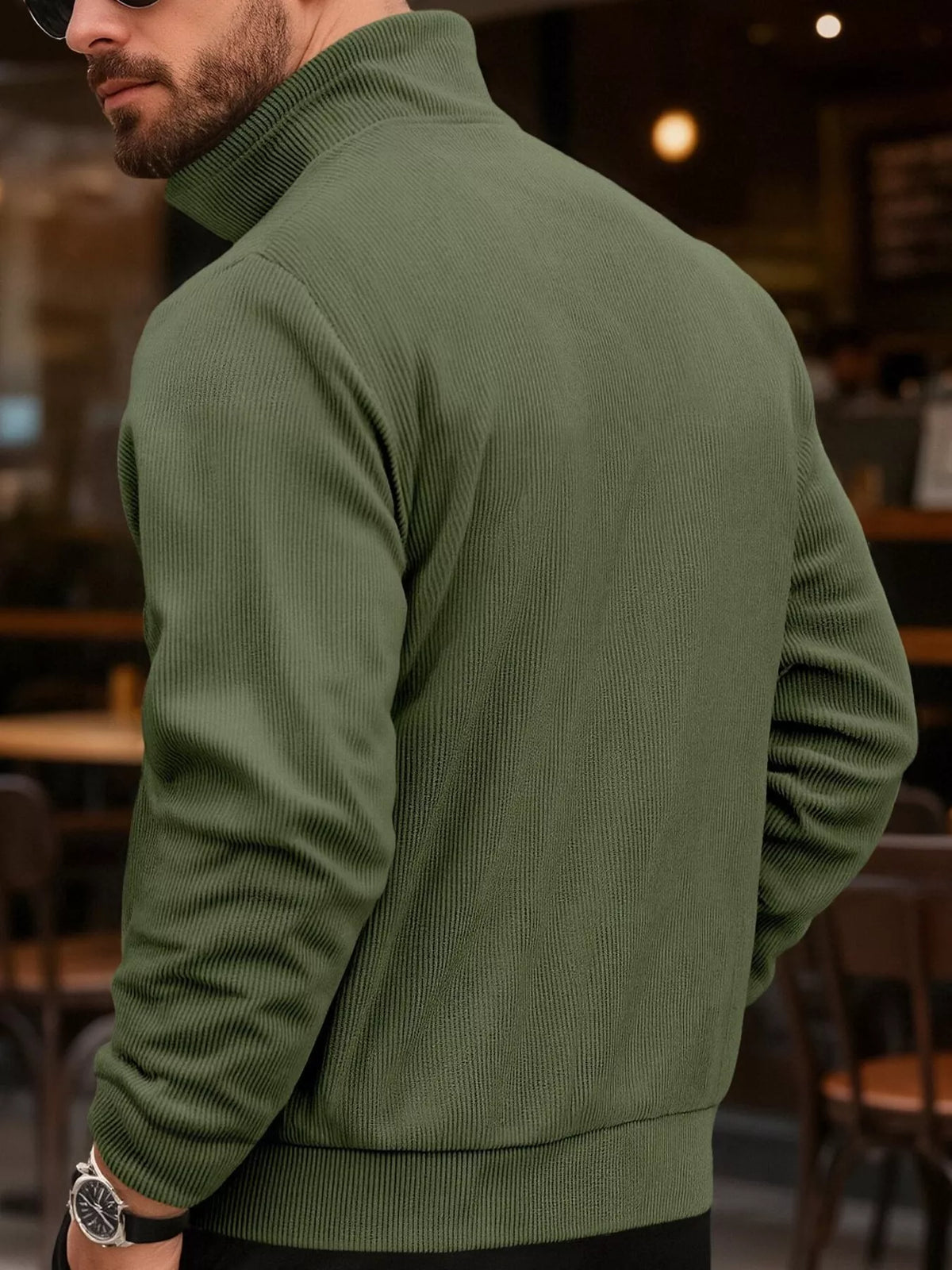 Men's corduroy button-front jacket — Army green rear view