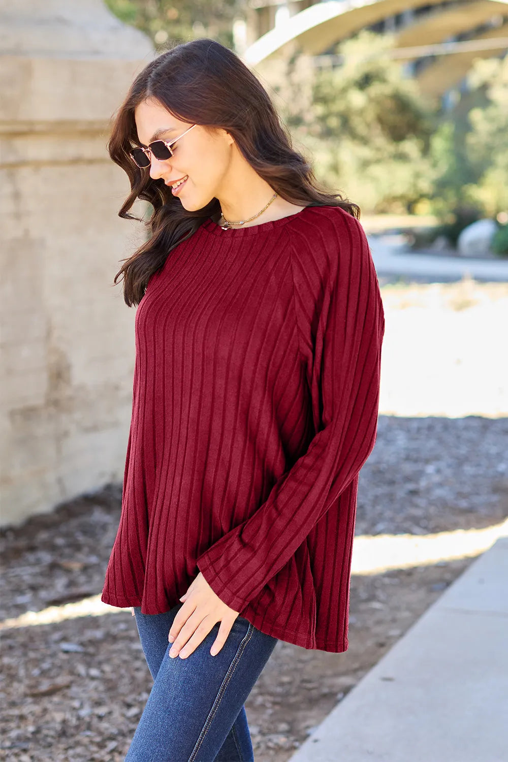 Basic Bae opaque ribbed long-sleeve knit top in Scarlet, front view