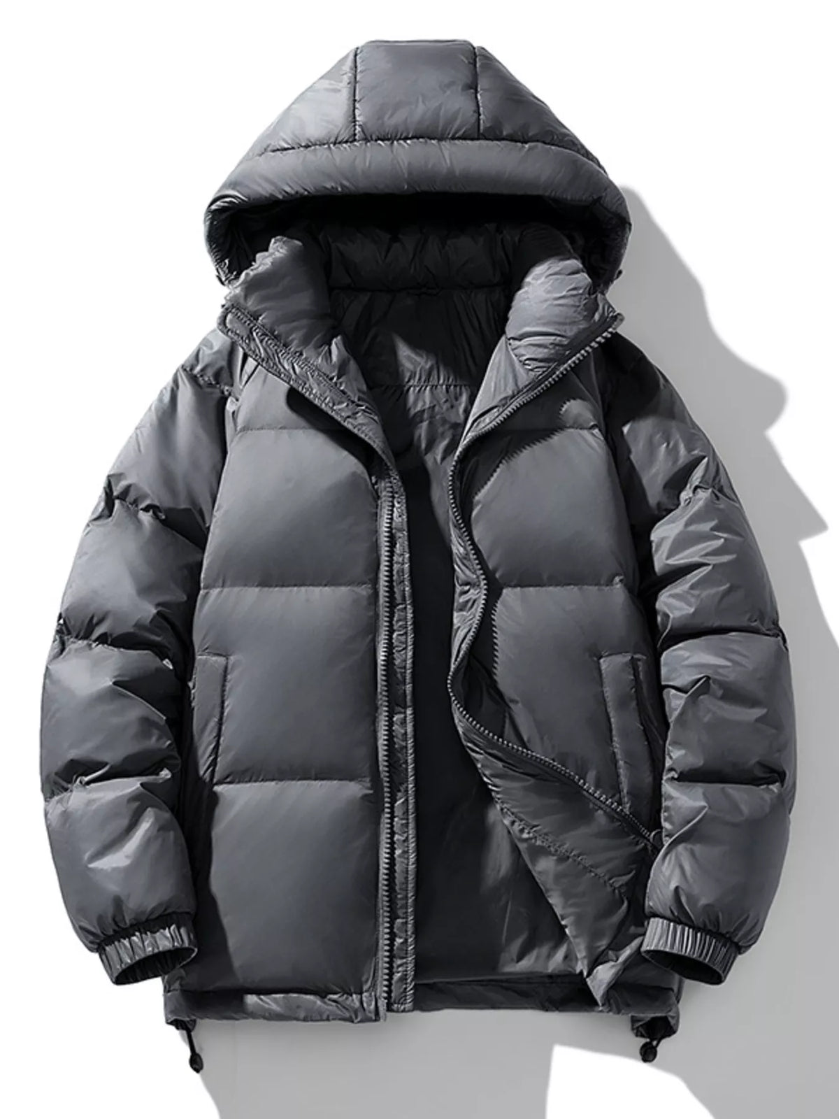 Dark Gray men's puffer jacket, front view showing the hood, zip closure, pockets, and horizontal padded sections.