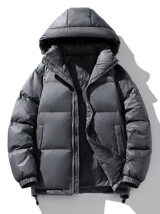 Dark Gray men's puffer jacket, front view showing the hood, zip closure, pockets, and horizontal padded sections.