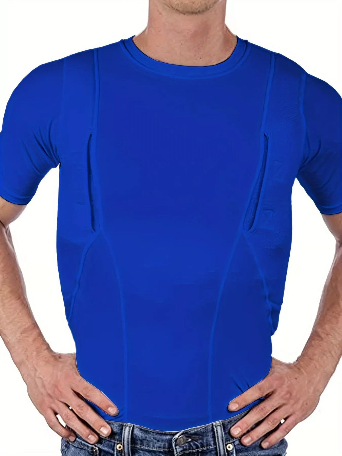 Royal blue short-sleeve crewneck active T-shirt worn by a model, front view.