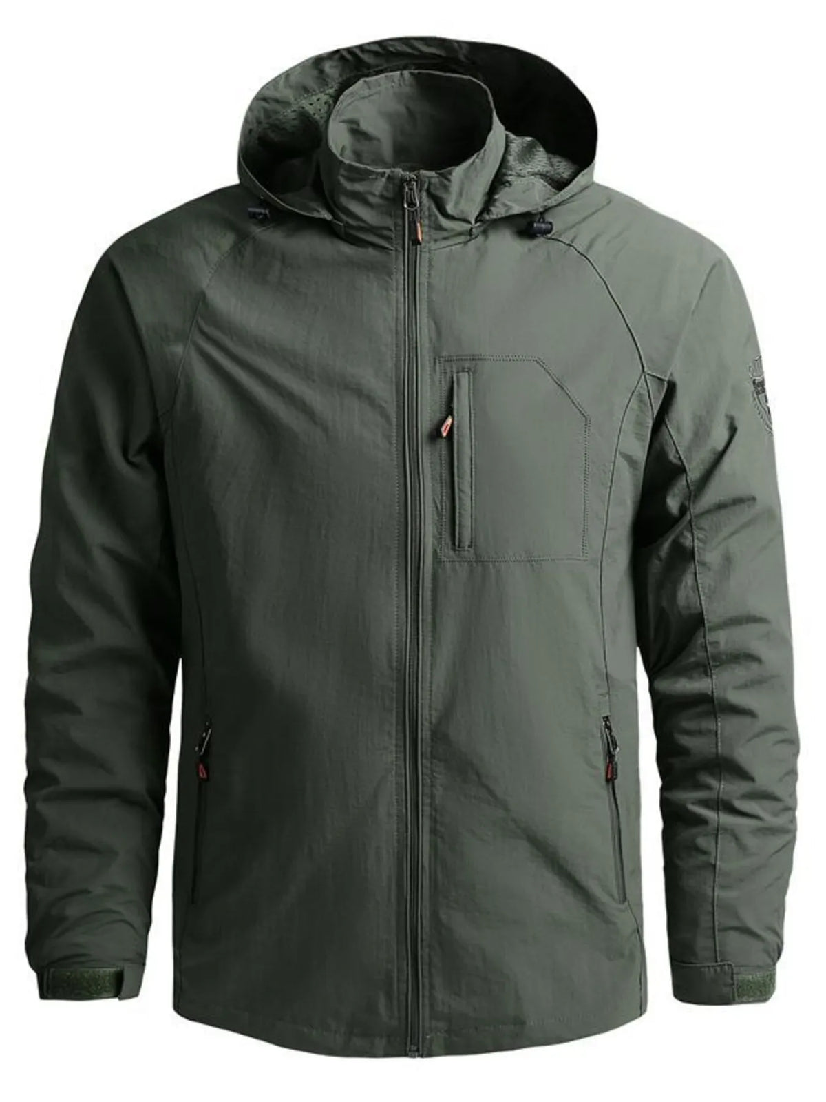 Army green hooded jacket, front view with zip and pockets