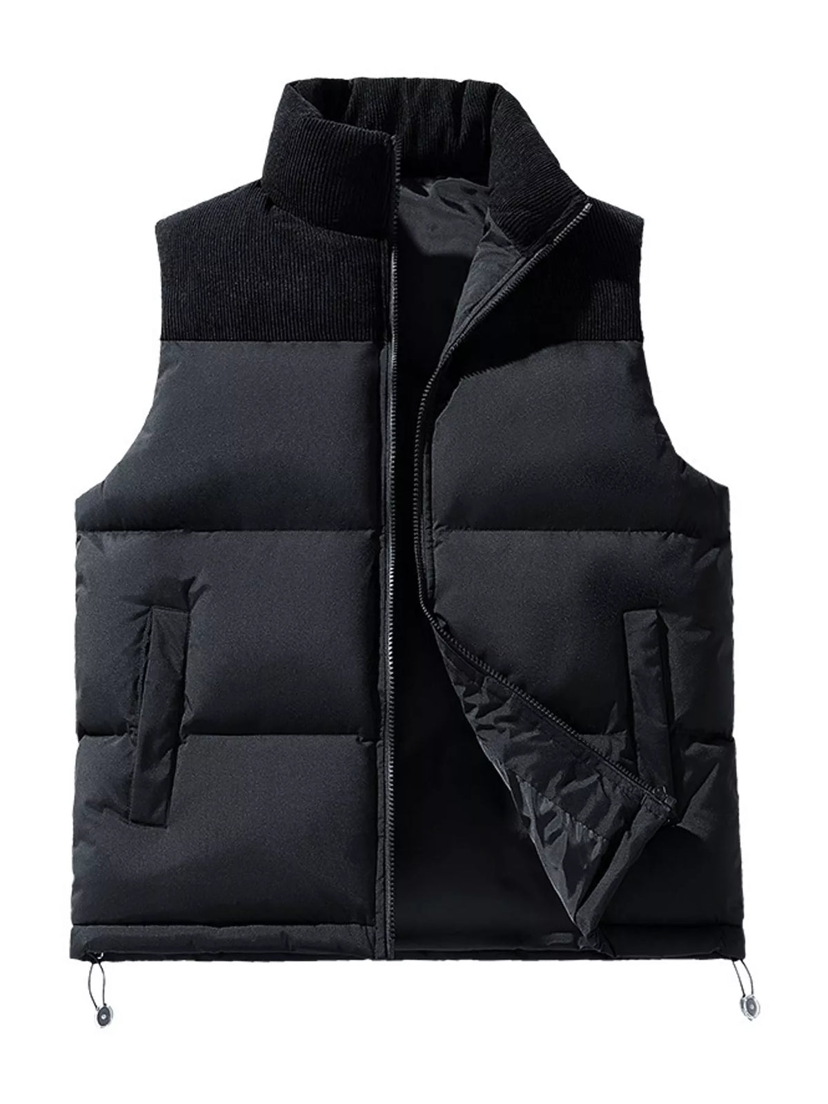 Black men's corduroy-panel puffer vest, front view. One vest is sold.