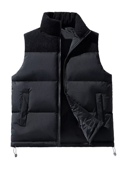 Black men's corduroy-panel puffer vest, front view. One vest is sold.