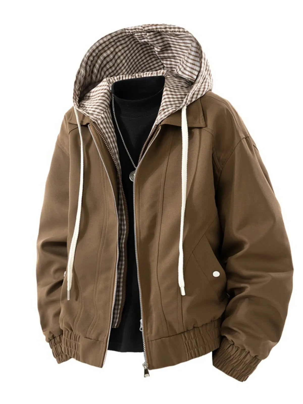 Brown hooded zip-up jacket, front view showing checked hood lining, drawstrings and pockets; other clothing and necklace not included.