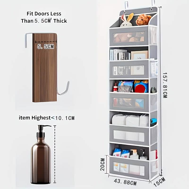 Supplier dimension and door-fit guide for the grey five-tier over-door organizer; bottle shown for scale is not included.