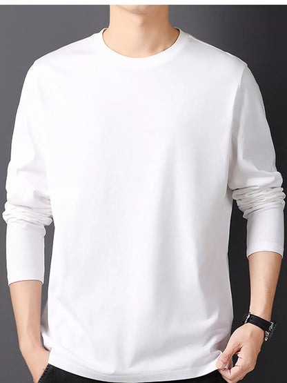 White men's cotton long-sleeve crewneck tee, front view.