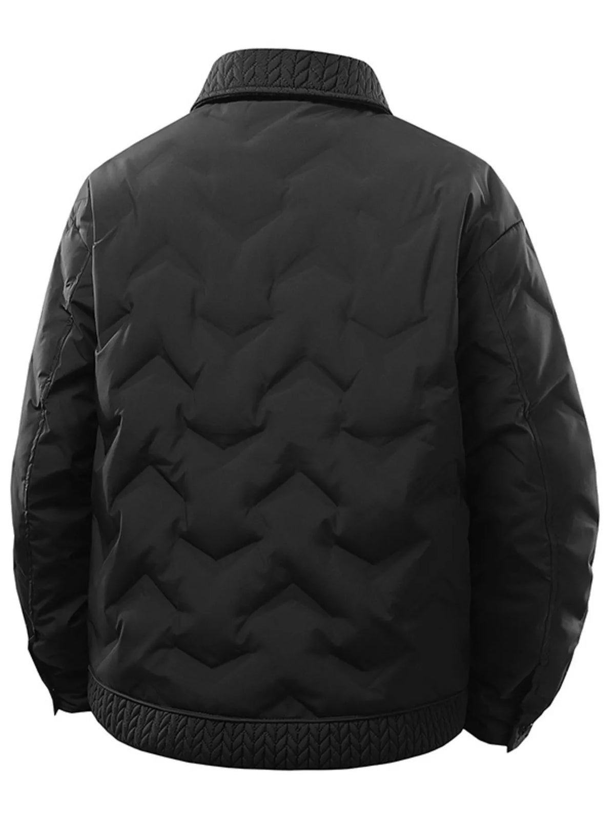 Back of the black jacket showing an angular quilted pattern and quilted collar and hem edging.