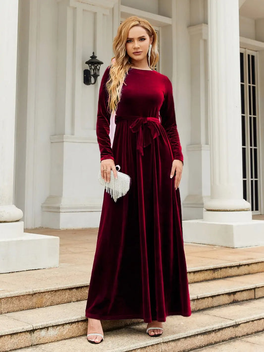 Burgundy tie-front round-neck long-sleeve maxi dress, front view