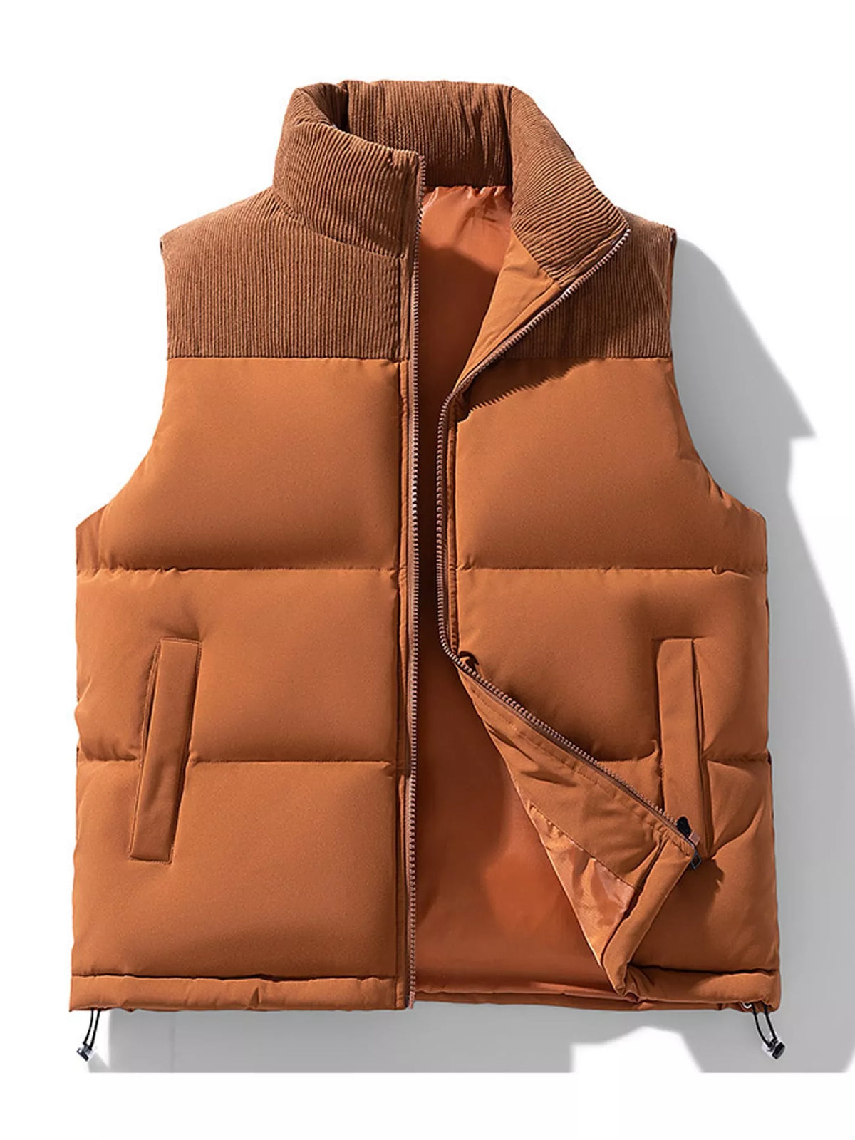 Caramel men's corduroy-panel puffer vest, front view. One vest is sold.