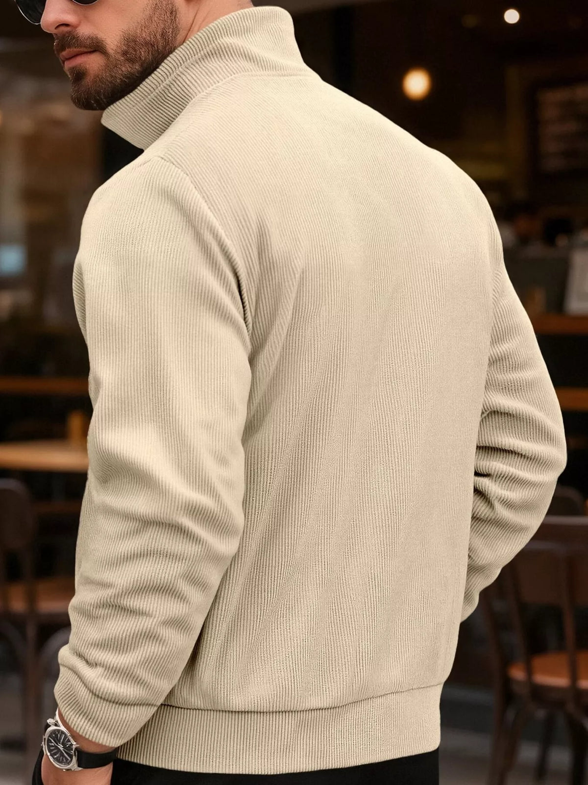 Men's corduroy button-front jacket — Khaki rear view