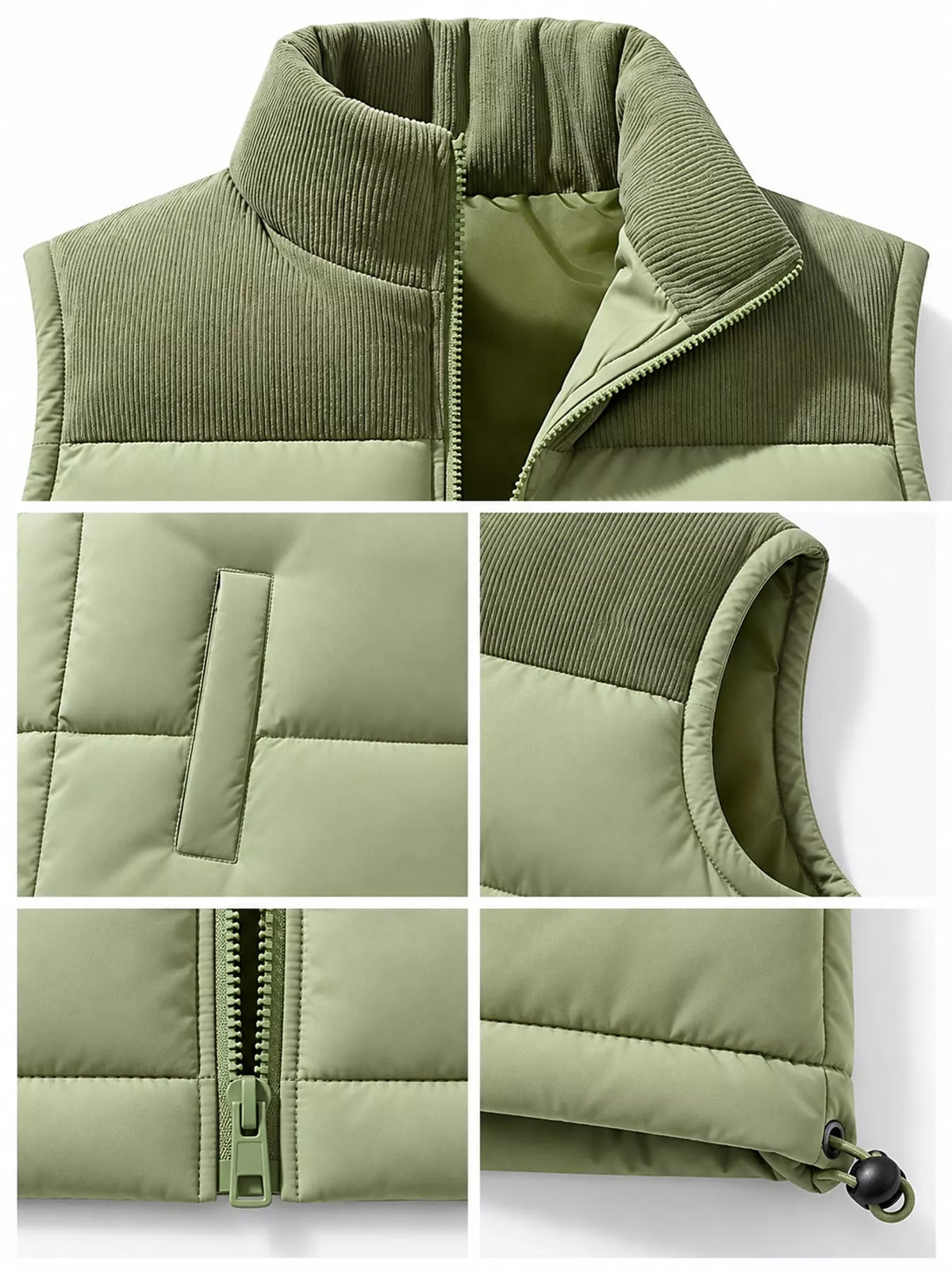 Apple Green men's corduroy-panel puffer vest, detail collage view. One vest is sold.