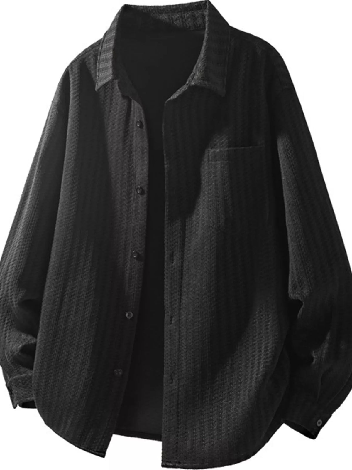 Black textured men’s shacket, front view over a dark styling top; inner top not included.