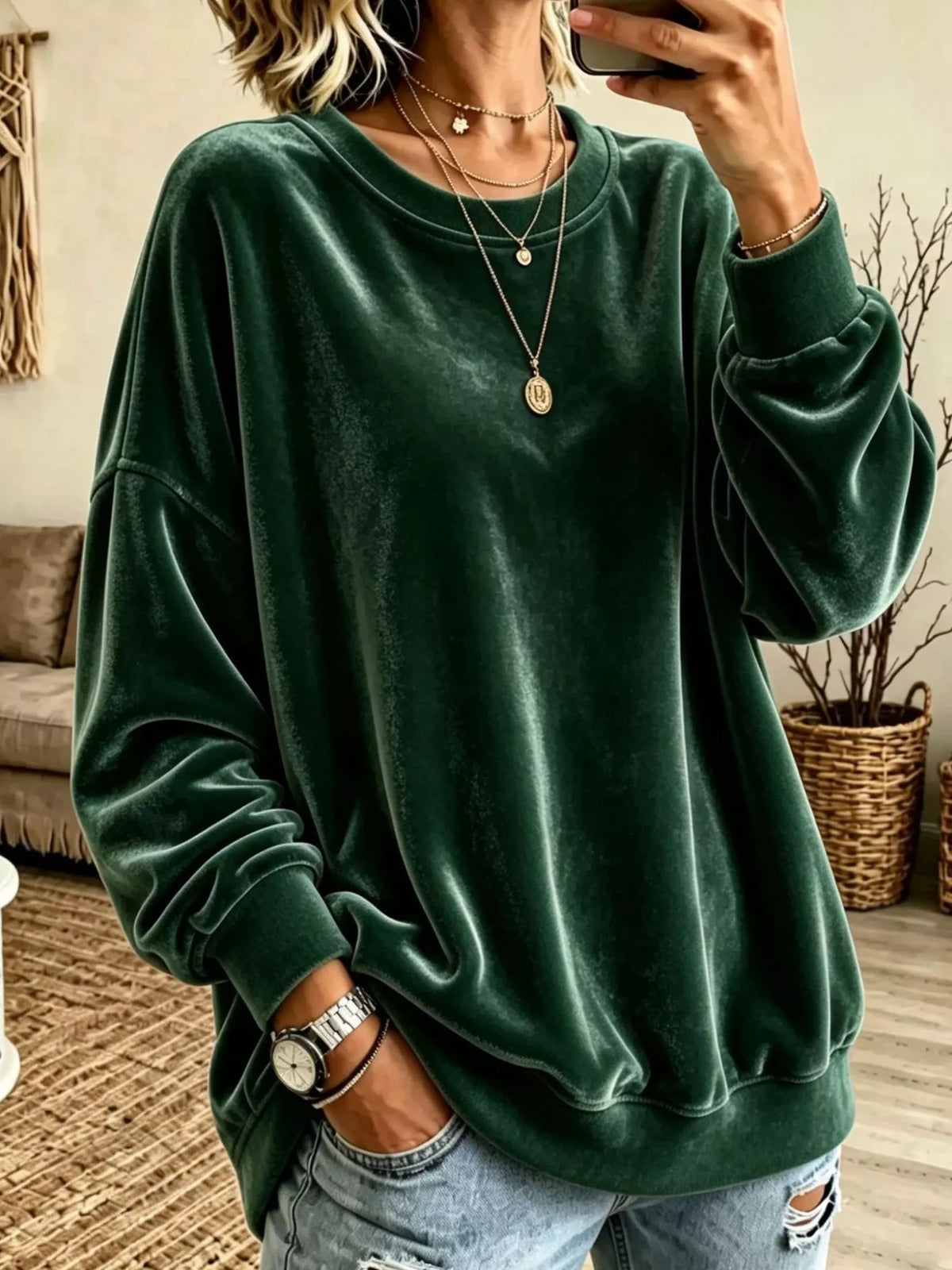 Velvet crewneck sweatshirt — Dark Green front view. One sweatshirt only; jewellery and jeans are styling items, not included.