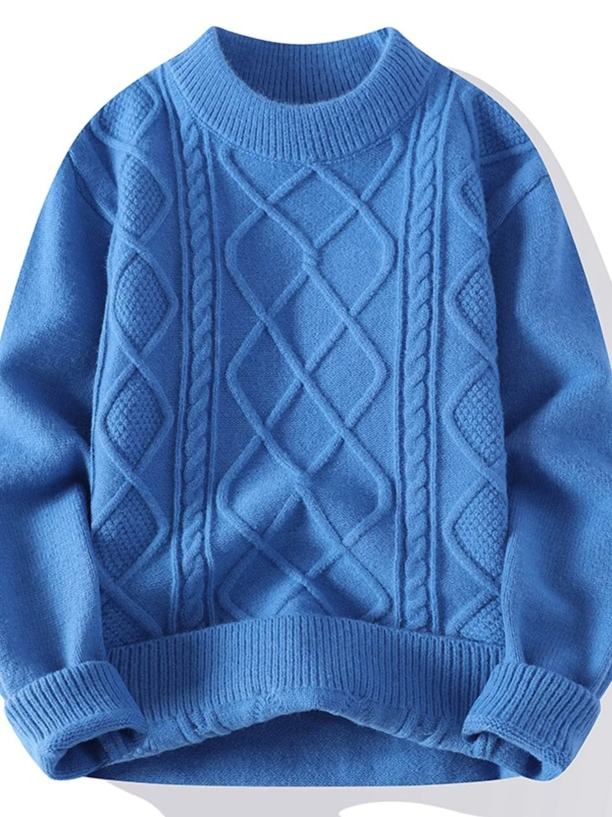 Blue men's cable-knit crewneck sweater, front view, shown flat.