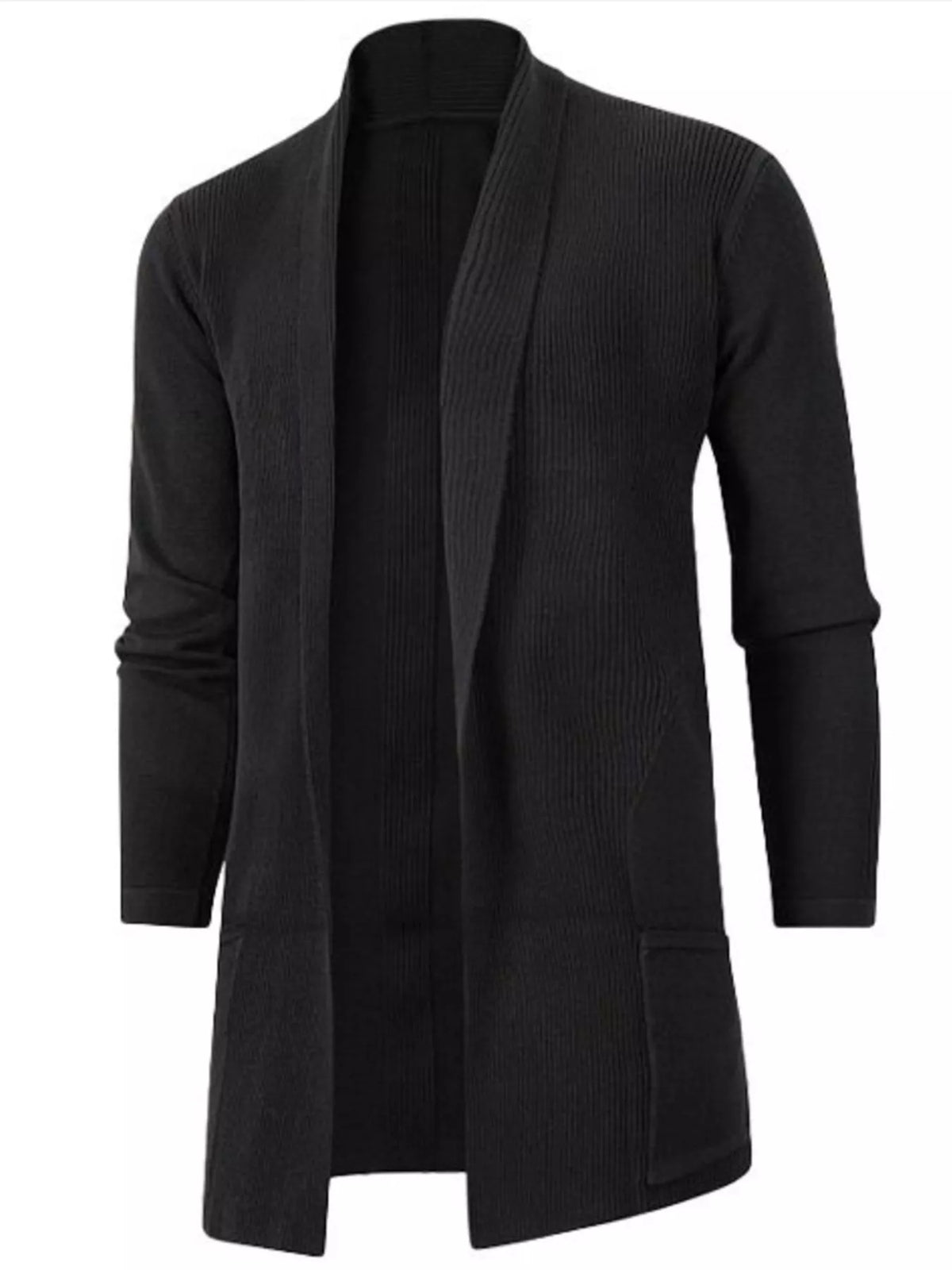 Men's longline ribbed open-front cardigan with long sleeves and front pockets — Black front view.