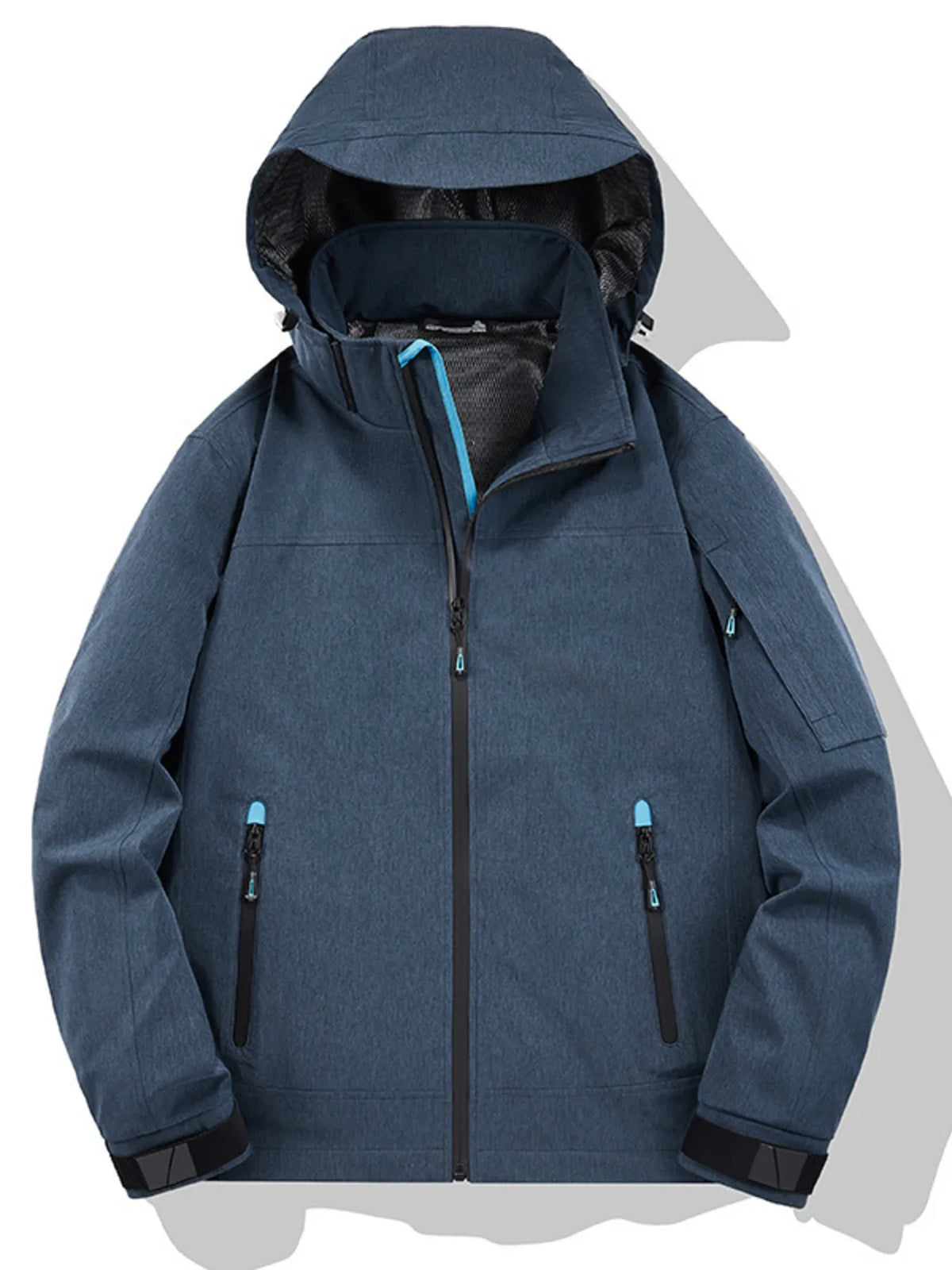 Front view of a blue hooded zip jacket with the hood raised, center zipper closed, and two zippered pockets.