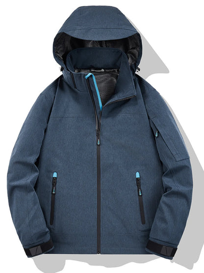 Front view of a blue hooded zip jacket with the hood raised, center zipper closed, and two zippered pockets.