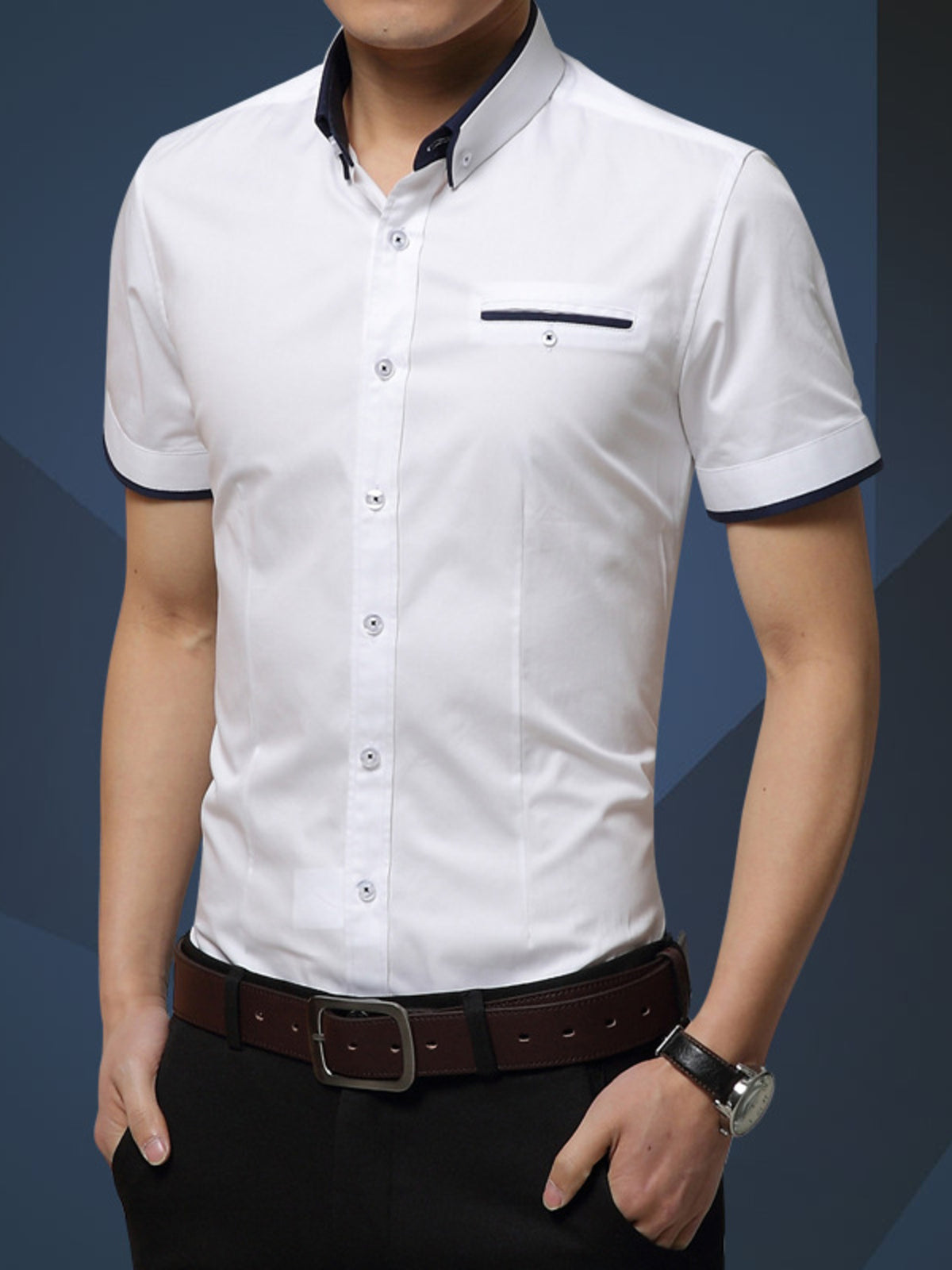 Men's White button-up short-sleeve shirt, front view. Shirt only; styling accessories not included.