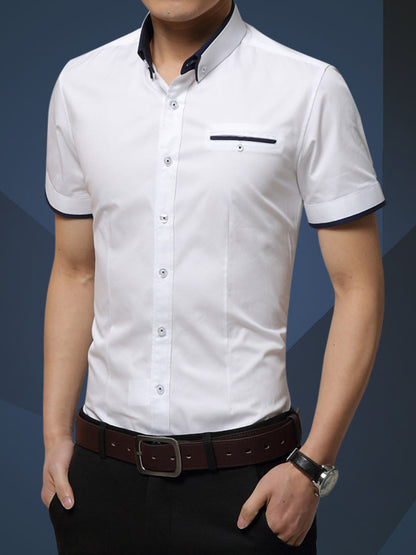 Men's White button-up short-sleeve shirt, front view. Shirt only; styling accessories not included.