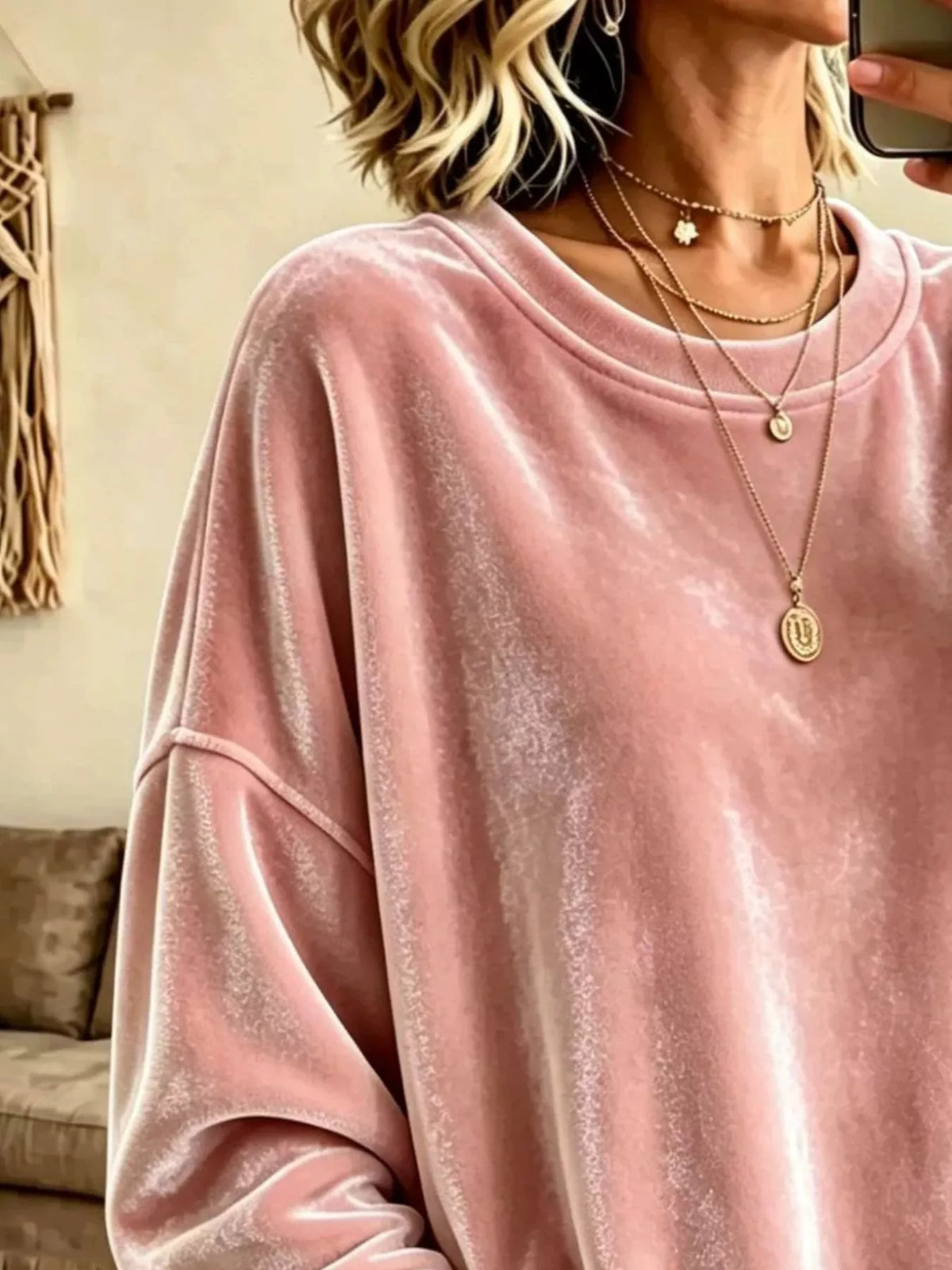 Velvet crewneck sweatshirt — Pink neckline and fabric detail. One sweatshirt only; jewellery and jeans are styling items, not included.