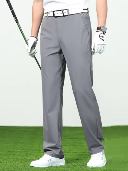 Gray loose-fit trousers, angled front view.
