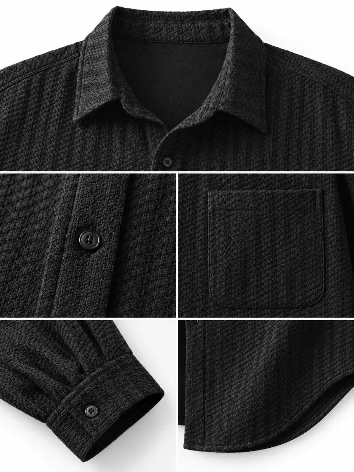 Black shacket details showing the collar, chest pocket, buttons, cuff and hem.