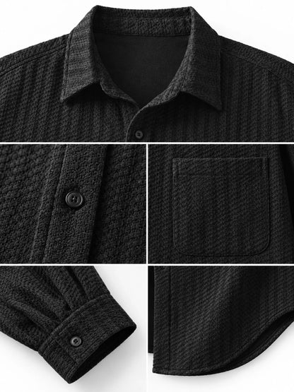 Black shacket details showing the collar, chest pocket, buttons, cuff and hem.
