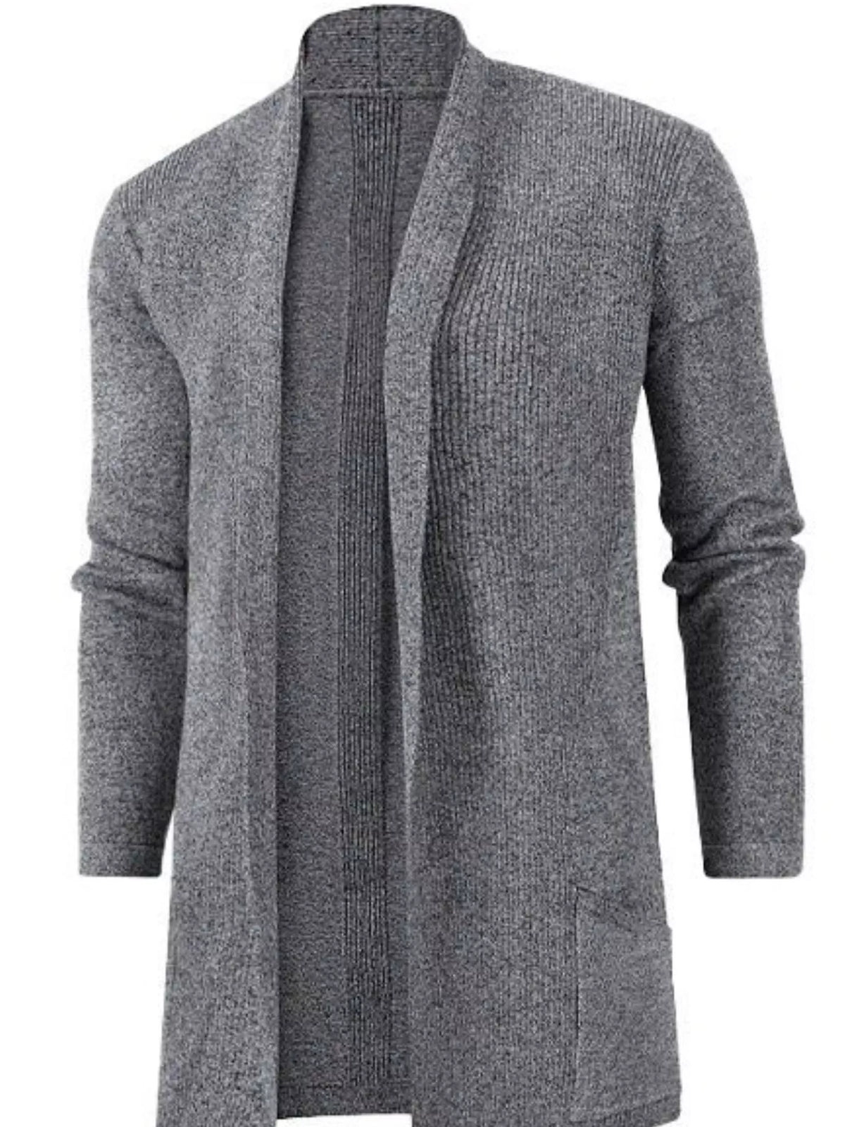 Men's longline ribbed open-front cardigan with long sleeves and front pockets — Gray front view.