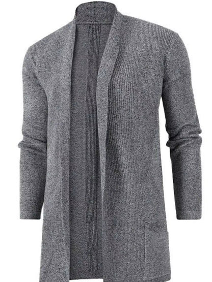 Men's longline ribbed open-front cardigan with long sleeves and front pockets — Gray front view.