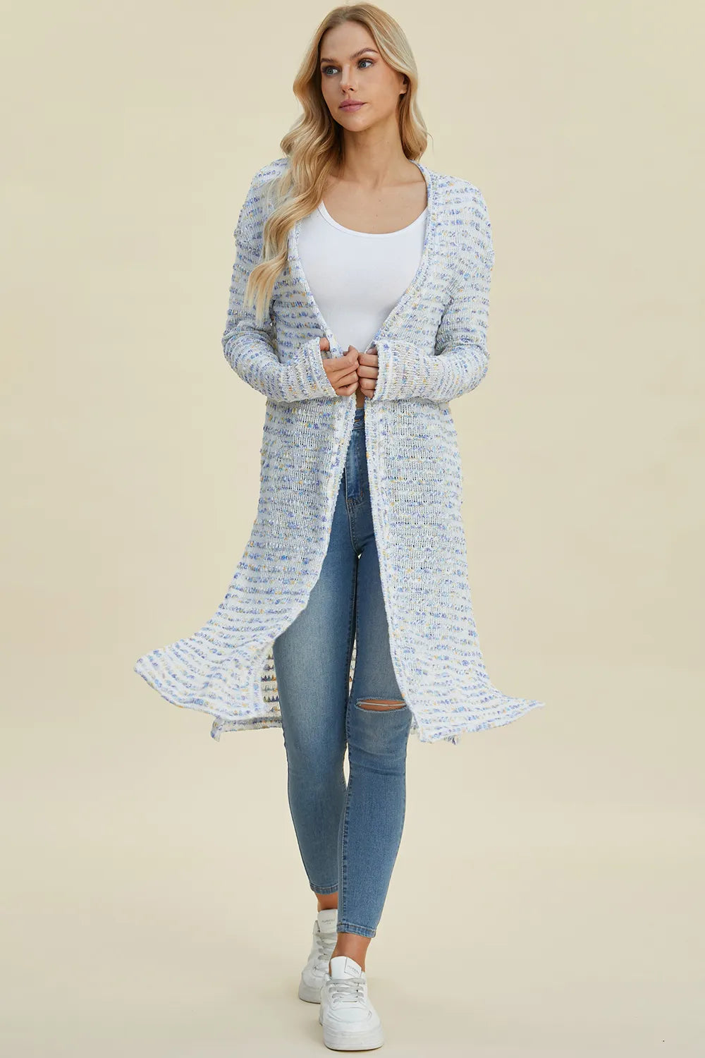 Multicolor Double Take openwork longline cardigan — open-front view