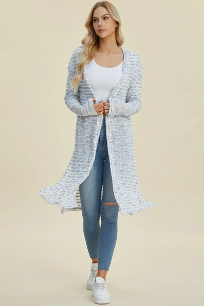 Multicolor Double Take openwork longline cardigan — open-front view