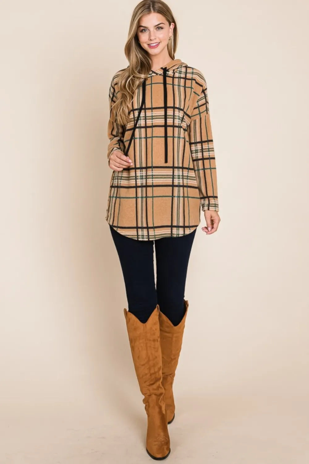 Full-length styling view of the taupe BOMBOM hoodie; trousers and boots are not included